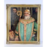 A framed oil on board possibly Nostradamus signed F H Richards 1986 59 x 50 cm