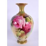 Royal Worcester vase painted with Hadley style roses by A. Lane, signed shape 302 H date mark 1912.
