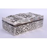 A 19TH CENTURY JAPANESE MEIJI PERIOD WHITE METAL OVERLAID HARDWOOD BOX decorated with foliage. 350 g