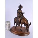 A 19TH CENTURY JAPANESE MEIJI PERIOD BRONZE FIGURE OF A MALE modelled upon horseback. 33 cm x 42 cm.