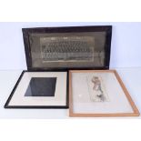 A framed military photograph together with a watercolour and a religious print 16 x 36 cm. (3).