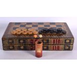 AN ANTIQUE COUNTRY HOUSE FAUX BOOK LEATHER GAMING BOX with accompanying backgammon counters. Box 40