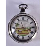 A REGENCY SILVER VERGE POCKET WATCH WITH AN ENAMELLED RURAL SCENE DIAL. Hallmarked London 1820. Th
