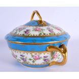19th century Paris porcelain handled bowl and cover painted with roses under turquoise borders . 12