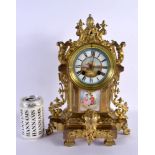 A 19TH CENTURY FRENCH GILT BRONZE PORCELAIN INSET MANTEL CLOCK painted with figures. 35 cm x 18 cm.