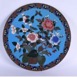 A 19TH CENTURY JAPANESE MEIJI PERIOD CLOISONNE ENAMEL DISH decorated with birds and foliage. 27 cm d
