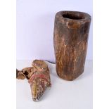 A large African tribal mortar together with a Kuba Queen Mwash mask 41 x 21 cm.