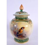Royal Worcester pot pourri vase and cover painted with a gold finch by E. Barker, signed, shape 278H