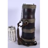 A 19TH CENTURY TIBETAN LACQUERED WOOD FLASK overlaid in white metal. 29 cm high.