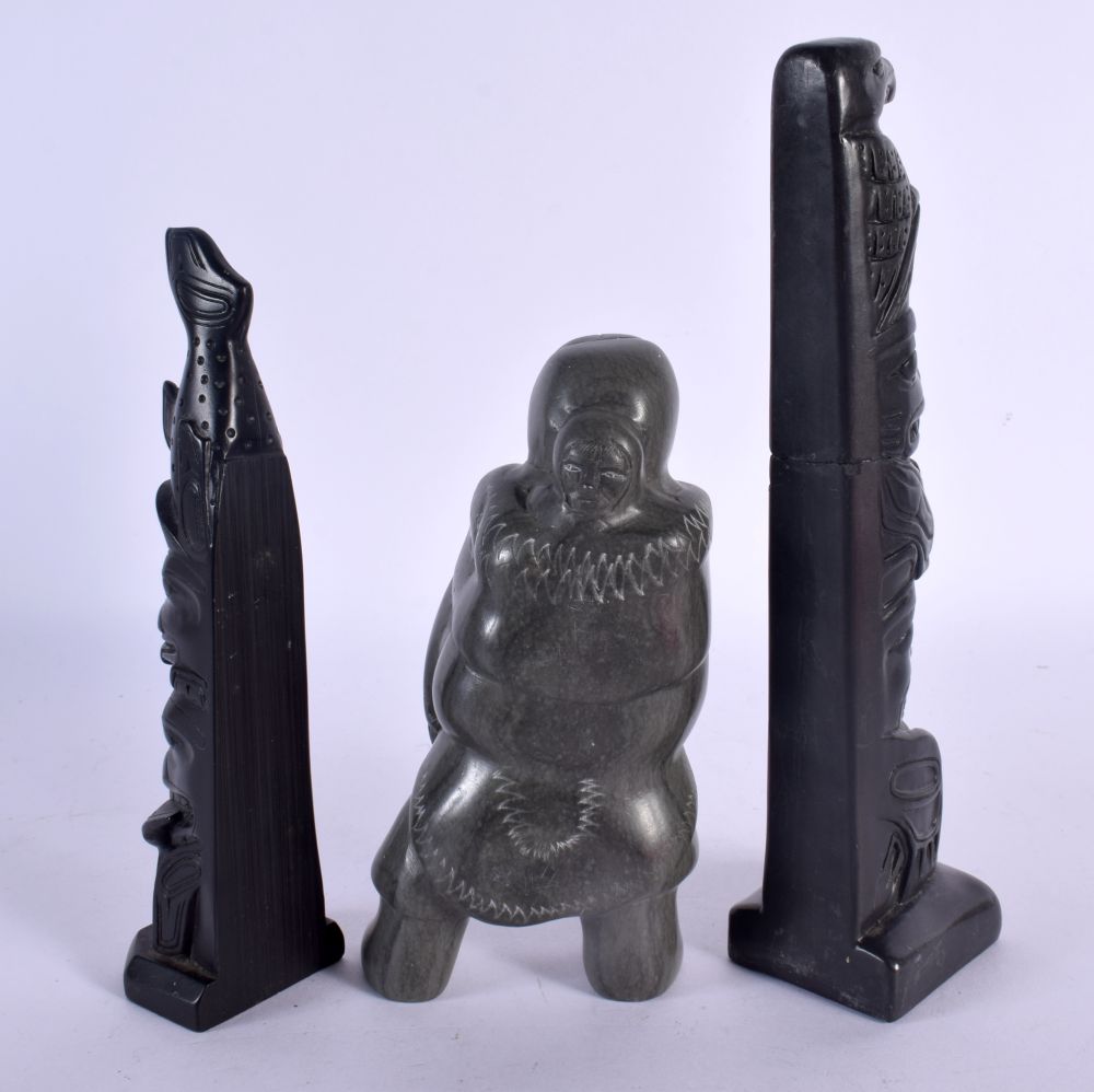 A NORTH AMERICAN CANADIAN CARVED BLACK STONE TOTEM POLE together with another & a Inuit stone figure - Image 2 of 3