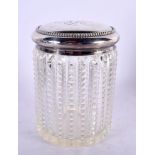 A LARGE SILVER TOPPED CUT GLASS JAR. 74 grams. 10.5 cm x 3 cm.