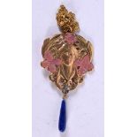 A YELLOW METAL AND ENAMEL ART NOUVEAU STYLE PENDANT WITH A LAPIS DROPPER. Chain 40cm, Pendant 7.7cm