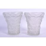 A PAIR OF LALIQUE STYLE GLASS VASES. 14 cm high.
