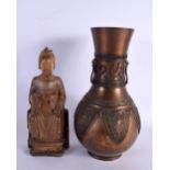 AN 18TH CENTURY CHINESE CARVED WOOD FIGURE OF AN IMMORTAL Qing, together with a Japanese bronze vase