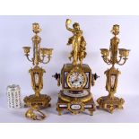 A FINE LARGE 19TH CENTURY FRENCH SEVRES GILT BRONZE PORCELAIN CLOCK GARNITURE with figural terminal.