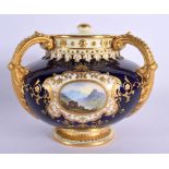 19th century Coalport three handled vase and cover painted with a Loch Scene on a cobalt blue ground