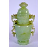 AN EARLY 20TH CENTURY CHINESE GREEN JADE VASE AND COVER Late Qing/Republic. 15 cm high.