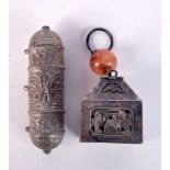 TWO ANTIQUE CHINESE TIBETAN SILVER PENDANTS. 63 grams. Largest 8.5 cm x 3 cm.