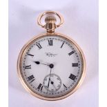 A 9CT GOLD AMERICAN WALTHAM POCKET WATCH. 82 grams. 4.75 cm diameter.