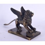 A 19TH CENTURY EUROPEAN GRAND TOUR FIGURE OF A WINGED LION modelled upon a rectangular base. 13 cm x