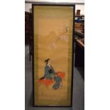 A 19TH CENTURY JAPANESE MEIJI PERIOD WATERCOLOUR. 148 cm x 55 cm.