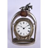 A CHARMING EDWARD POLISHED STEEL HORSE SHOE EQUESTRIAN DESK CLOCK. 25 cm x 14 cm.