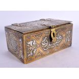 A 19TH CENTURY MIDDLE EASTERN CAIRO WARE BRONZE CASKET decorated with scripture. 13.5 cm x 8 cm.