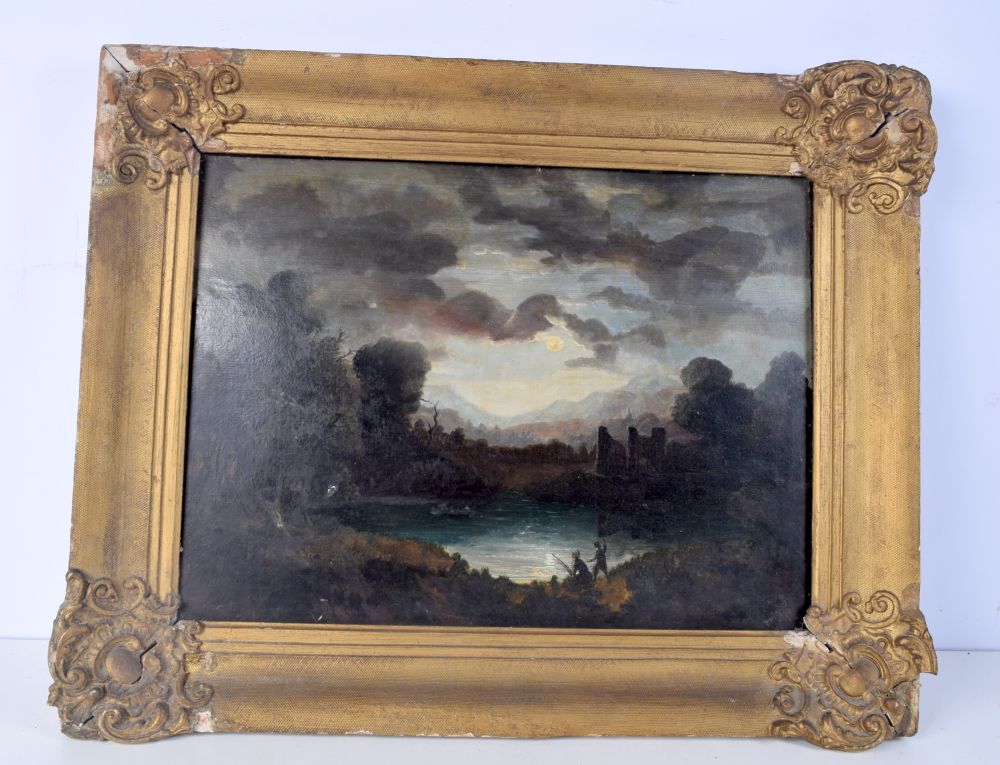 A framed 19th Century oil depicting persons fishing at a lake 37 x 50 cm