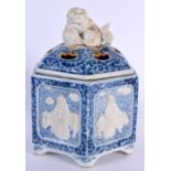 A 19TH CENTURY JAPANESE MEIJI PERIOD BLUE AND WHITE CENSER AND COVER decorated with figures. 15 cm x