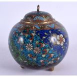 A 19TH CENTURY JAPANESE MEIJI PERIOD CLOISONNE ENAMEL BOX JAR AND COVER decorated with flowers. 8 cm