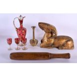 AN EARLY 20TH CENTURY INDIAN CARVED WOOD DEER together with a truncheon, liquor set etc. Largest 30