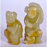 TWO 19TH CENTURY CHINESE CARVED GREEN JADE FIGURES OF BOYS Qing. Largest 6 cm x 3 cm. (2)