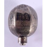 A CHARMING EARLY 20TH CENTURY EGYPTIAN SILVER DESK SANDER niello decorated with scenes. 32.4 grams.