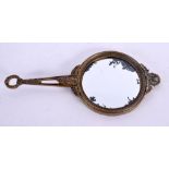 AN ANTIQUE FRENCH EMPIRE BRONZE NEO CLASSICAL HAND MIRROR. 28 cm long.