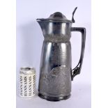 A LARGE ART NOUVEAU ORIVIT PEWTER CLARET HUNTING JUG. 36 cm x 14 cm.