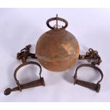 A RARE PRISONERS BALL AND CHAIN stamped Alcatraz. Ball 15 cm diameter, chains 52 cm long each.