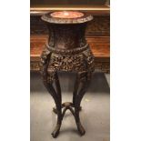 A 19TH CENTURY CHINESE CARVED HARDWOOD MARBLE INSET STAND. 94 cm x 28 cm.