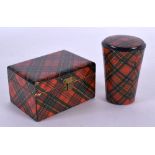 AN ANTIQUE SCOTTISH TUNBRIDGE WARE SHOT BOTTLE HOLDER together with a smaller box. Largest 9 cm x 6