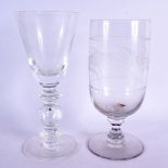 AN ANTIQUE GLASS VASE together with a similar celery glass. Largest 24 cm high. (2)