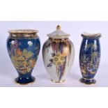 TWO ART DECO CROWN DEVON VASES and a Carlton ware vase. Largest 16 cm high. (3)