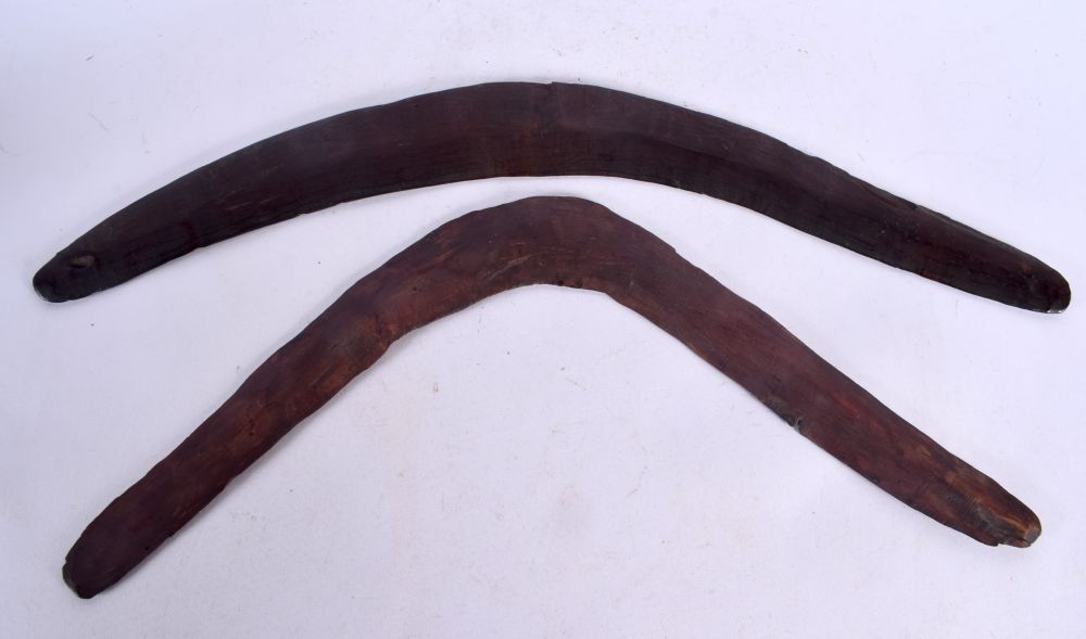 TWO EARLY TRIBAL ABORIGINAL BOOMERANGS. 45 cm wide. (2)