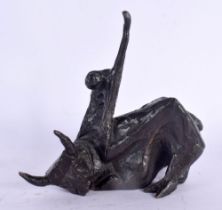 Manner of Picasso (20th Century) Bronze, Stylised figure riding a bull. 11 cm x 11 cm.
