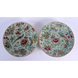 A PAIR OF 19TH CENTURY CHINESE CANTON FAMILLE ROSE CELADON DISHES Qing. 17.5 cm diameter.