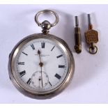 A SILVER CASED POCKET WATCH BY THOMAS RUSSELL & SONS OF LIVERPOOL WITH TWO WATCH KEYS. Hallmarked B