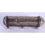 A 17TH CENTURY SAFAVID PERSIAN SILVER ENGRAVED QURAN HOLDER finely incised with bands of calligraphy