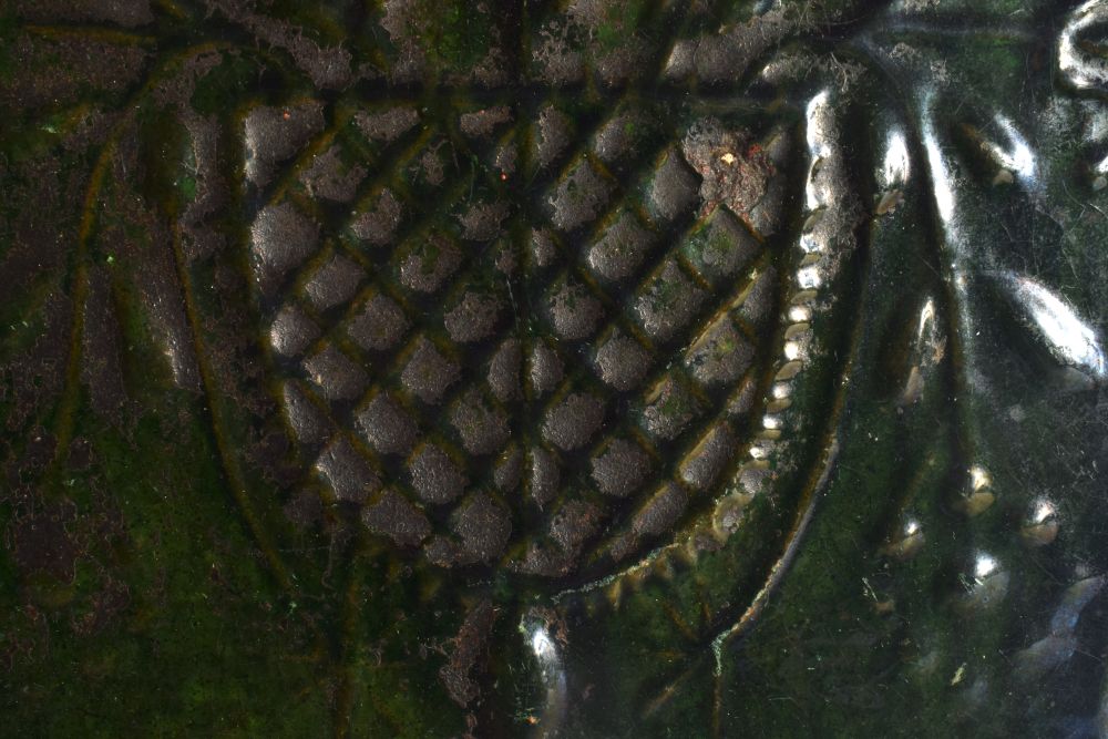 AN EARLY DUTCH GREEN GLAZED POTTERY PANEL decorated with an urn of foliage and vines. 31 cm x 18 cm. - Image 3 of 5