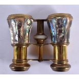 A PAIR OF VINTAGE MOTHER OF PEARL ABALONE SHELL OPERA GLASSES. 8 cm x 8 cm extended.
