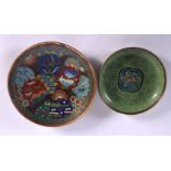 A 19TH CENTURY JAPANESE MEIJI PERIOD CLOISONNE ENAMEL SAUCER together with another similar. Largest