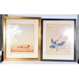 A LARGE FRAMED PRINT OF A FEMALE on a beach, together with a large framed print of a rose. Largest 5