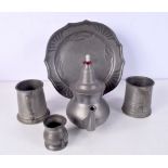 An Orifit pewter art Deco plate together with other pewter tankards and a tea pot 25 cm (5)